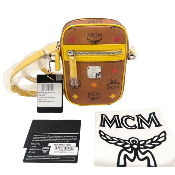 MCM Mini Multifunctional Cognac and Yellow Leather Logo Crossbody Bag - Picture 2 of 13